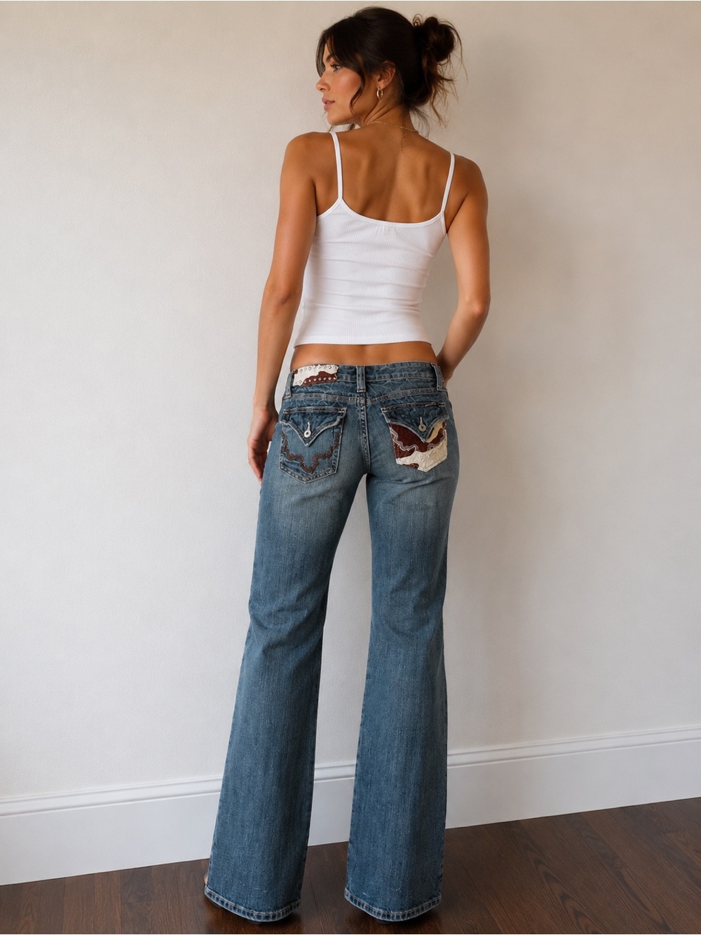 Miss Me Medium Blue Flare Jeans with Embellished Pocket Size 27 Western Y2K cow